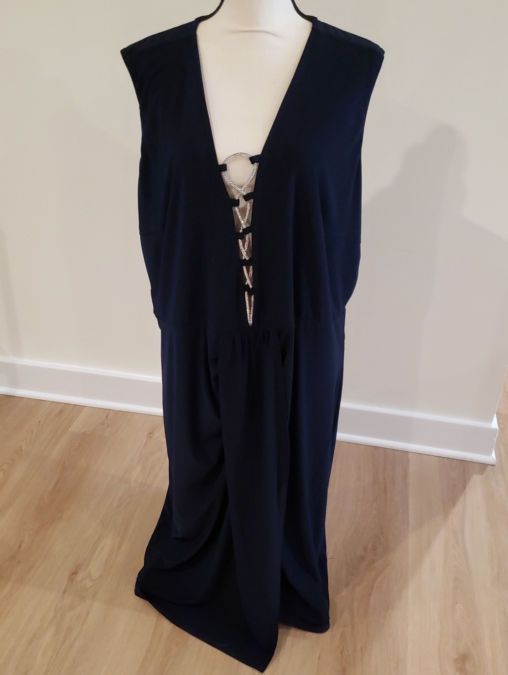 Venus NEW Glamourous Navy Sleeveless Deep V-Neck Dress with Crystal Accents
